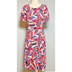 MAGGY LONDON Fit N Flare Multicolored Abstract  Lined  Midi ruched Dress Sz  4